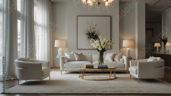 Fototapeta A modern living room with a white sofa, two armchairs, a coffee table, a large painting, and a chandelier.
