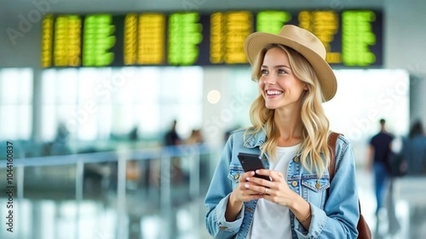 Obraz Smiling woman with hat using phone at airport, flight information board in background - concept of travel, adventure, and modern lifestyle