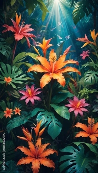 Fototapeta Tropical exotic pattern with animal and flowers in bright colors and lush vegetation