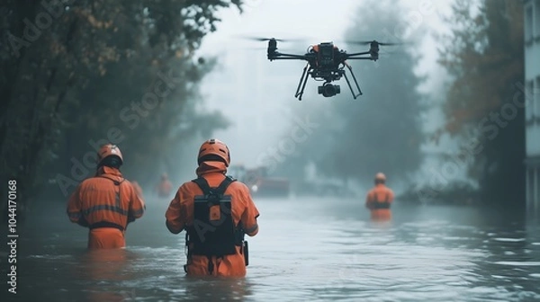 Obraz Search and rescue teams in orange safety gear guide people through floodwaters, as a drone hovers above assessing the extent of hurricane damage in the city