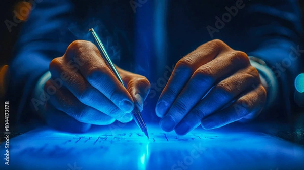 Fototapeta Close-up of hands writing with a blue pen on a glowing surface, symbolizing technology, innovation, and digital contracts. Perfect for themes of business, tech, and modern communication