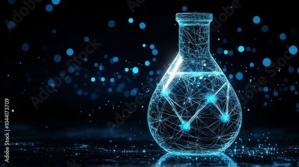 Fototapeta This bright-colored flask symbolizes scientific discovery and innovation with neon elements swirling around it.