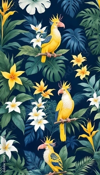 Fototapeta Tropical exotic pattern with animal and flowers in bright colors and lush vegetation