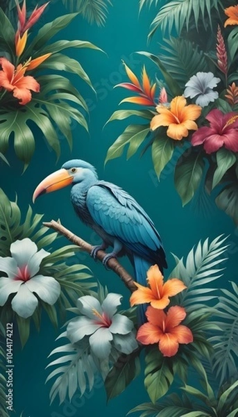 Fototapeta Tropical exotic pattern with animal and flowers in bright colors and lush vegetation