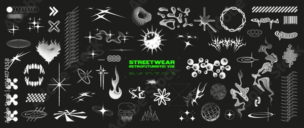 Fototapeta Y2K-inspired, streetwear and retrofuturism, featuring abstract symbols, flames, spikes, stars, and dynamic lines. Y2K graphic box for typography, apparel, t-shirt, merch. Vector elements streetwear