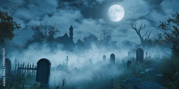 Obraz A spooky graveyard scene with fog rolling in, tombstones, and a full moon