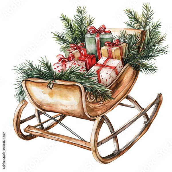 Fototapeta Christmas Sleigh Full of Gifts and Pine Branches (generative ai)