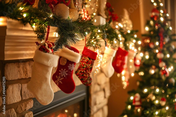 Fototapeta Christmas stockings are hanging from a fireplace mantel decorated with garland and Christmas lights