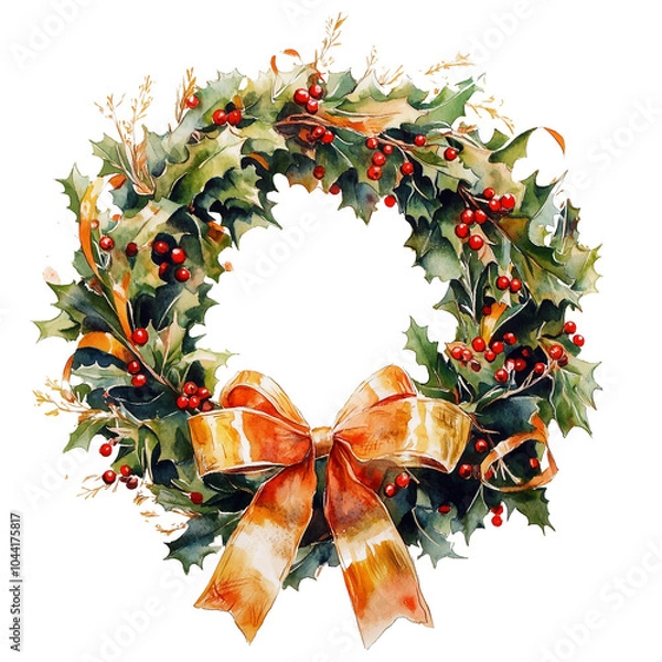 Fototapeta Watercolor Christmas Wreath with Red Berries and Bow (generative ai)