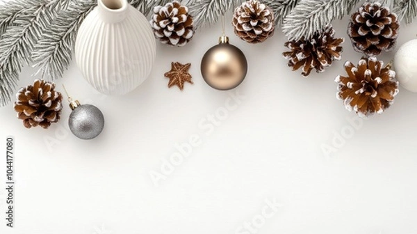 Obraz Decorative green wreath with pinecones and lights adorns a white sideboard in a minimalistic entryway, evoking a festive spirit