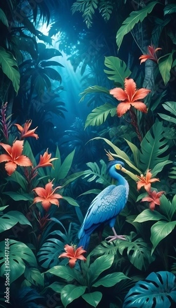 Obraz Tropical exotic pattern with animal and flowers in bright colors and lush vegetation
