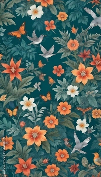 Fototapeta Tropical exotic pattern with animal and flowers in bright colors and lush vegetation