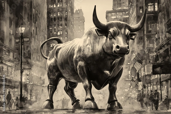Obraz Black and White Representation of a Bronze Bull Symbolizing Strength and Prosperity in Finance