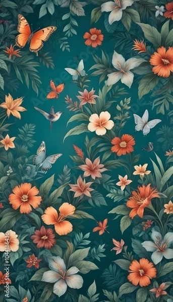 Fototapeta Tropical exotic pattern with animal and flowers in bright colors and lush vegetation