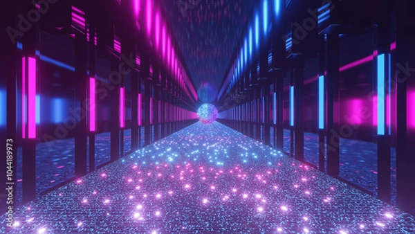 Fototapeta A futuristic tunnel with rolling ball and bright sparkles and lights. Fantasy scene without people. Magical futuristic 80s old style. Three-dimensional illustration