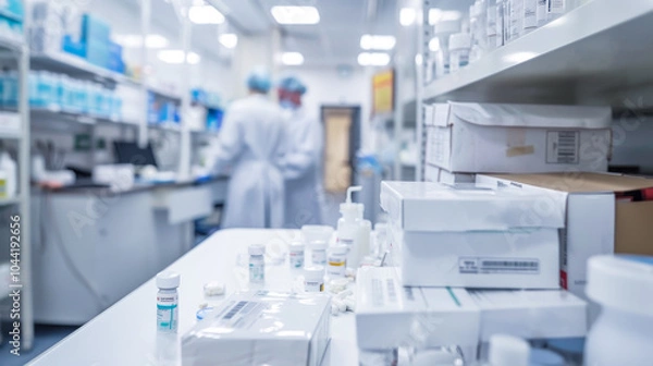 Fototapeta Blurred bustling laboratory, skilled pharmaceutical workers collaborate on the production and packaging of essential medicines, ensuring quality and safety for patients worldwide. Copy space