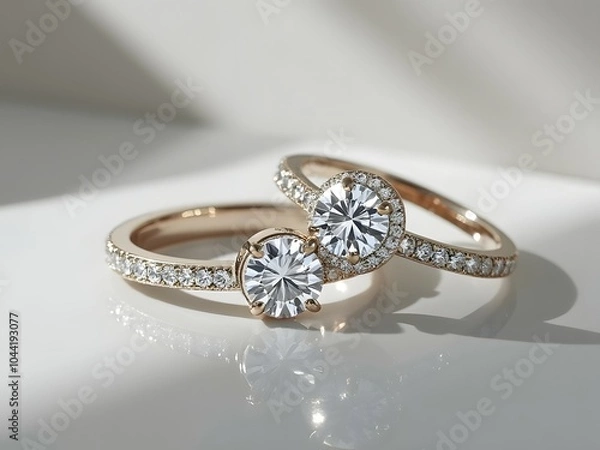 Obraz Pair of diamond wedding rings on a white background in a close-up shot
