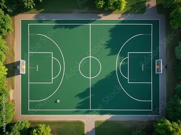 Obraz Aerial drone view of empty basketball court with green grass and white lines, outdoor sports