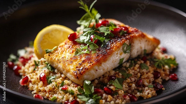 Fototapeta Pan Seared Fish with Lemon  Pomegranate  and Couscous