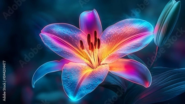Fototapeta Glowing lily flower petals highlighted with vibrant neon colors image