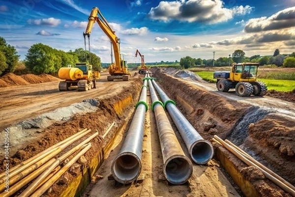 Fototapeta "Panoramic View of Three Large Pipes in Trench for Infrastructure Work"