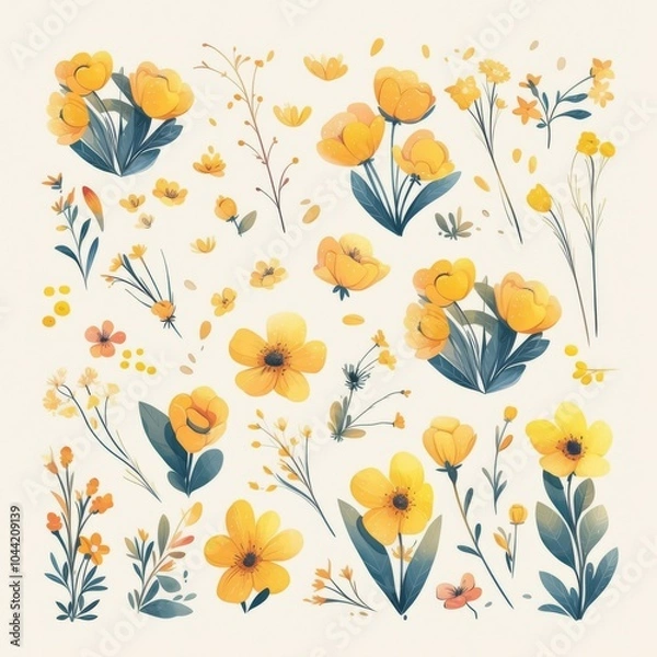 Fototapeta A vibrant collection of yellow flowers and blooms in various shapes and sizes, showcasing floral diversity.