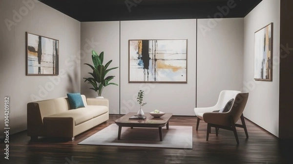 Fototapeta Modern Living Room with Two Facing Couches, Large Windows, and Contemporary Art