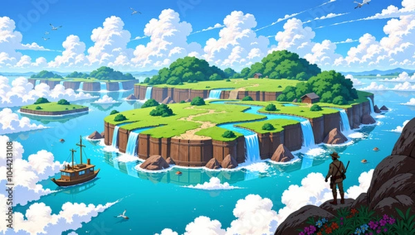 Fototapeta landscape with a pond and a house