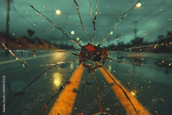 Fototapeta Cracks on Windshield from Flying Stone on Empty Freeway