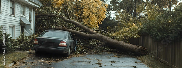 Fototapeta A fallen tree crushed a car branches and debris from a fallen tree after a hurricane, emphasizing natural damage to property and vehicles. Transportation Damage Concept. .
