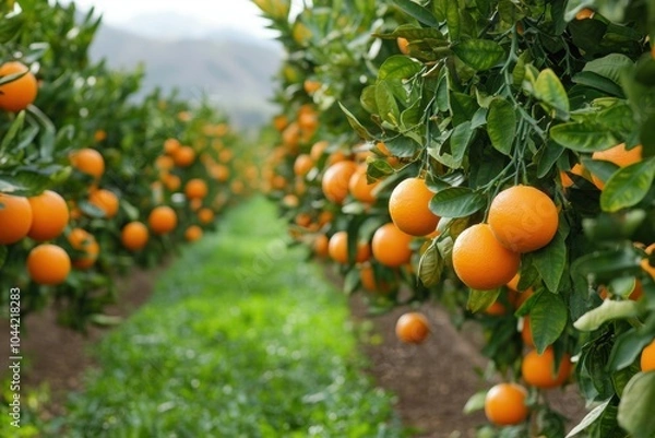 Fototapeta fruit orchard harvest, ripe tangerine trees line the serene orchard, ready for harvest with the gentle breeze swaying their leaves