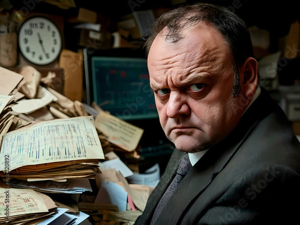 Fototapeta Ai-Generated image of A man in a suit is sitting in front of a pile of papers and a computer monitor. He is looking at the camera with a scowl on his face