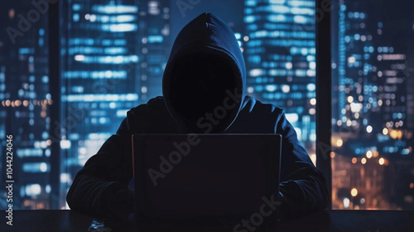 Fototapeta Silhouette of hooded hacker using laptop in front of city skyline at night, cybercrime concept