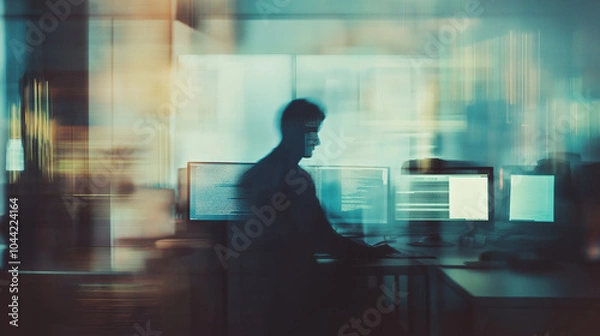 Fototapeta Silhouette of hacker working on computer in dark office, cyber security and technology concept