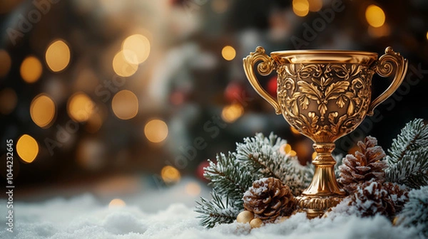 Obraz Gold winner's trophy against festive Christmas tree lights