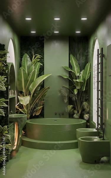 Fototapeta Green bathroom with lush plants  modern design  relaxing spa atmosphere   