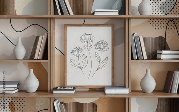 Fototapeta Minimalist Line Art Flower Print on Bookshelf with Vases and Neutral Colors for Home Decor   