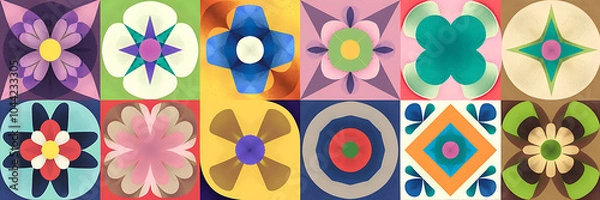 Fototapeta Colorful abstract floral patterns in blue and pink for a retro 70s design   
