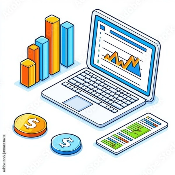 Fototapeta Laptop with financial graphs, charts, and coins on a white background.