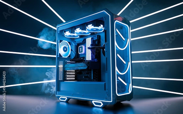 Fototapeta White computer case with blue neon lights  futuristic gaming setup  cyberpunk aesthetic   
