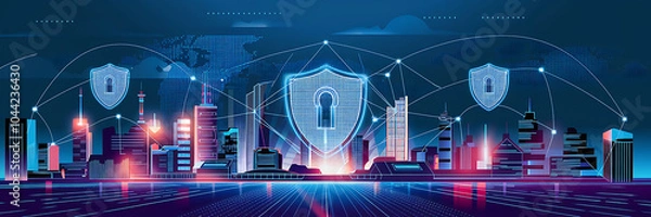 Fototapeta Cybersecurity futuristic city skyline blue and red neon glowing shield concept  