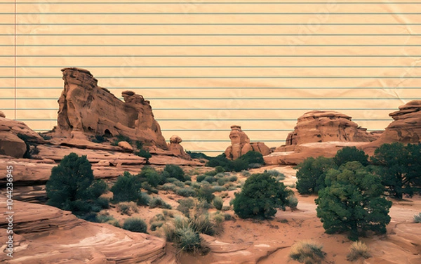 Fototapeta Red rock formations and green trees in a desert landscape  a vintage aesthetic  evoking adventure and exploration   