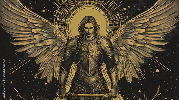 Fototapeta Biblical representation of the archangel michael in glorious battle armor. Celestial Guardian. Illustration