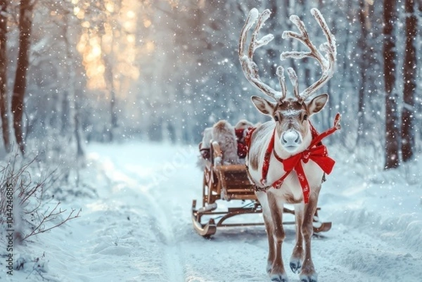 Fototapeta Festive reindeer with silver antlers and a red bow, pulling a sleigh through a snowy forest