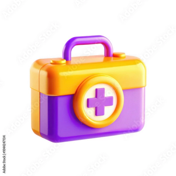 Fototapeta A vibrant 3D render of a plastic first aid kit featuring orange and purple colors with a distinctive medical symbol.