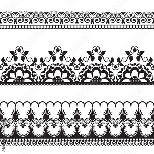 Fototapeta border pattern line lace elements with flowers in Indian mehndi style for card and tattoo isolated on white background.