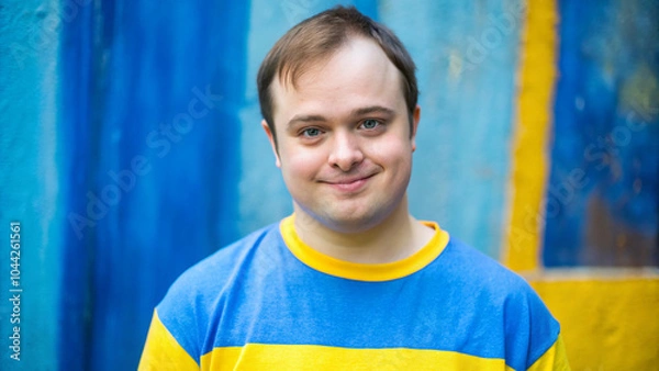 Obraz young people with down syndrome, blue and yellow t-shirt representing the colors of down syndrome, AI generated