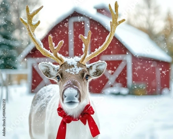 Fototapeta Festive reindeer with golden antlers and red ribbons, standing in front a cozy, snow-covered barn