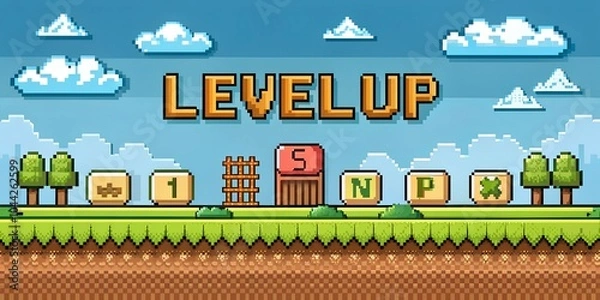 Fototapeta Retro style pixel art game background with level up button	