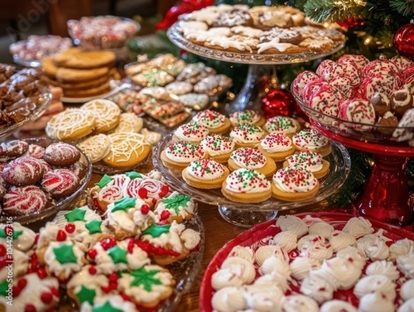 Fototapeta A Christmas cookie exchange party with a table filled with colorful, decorated cookies and holiday treats